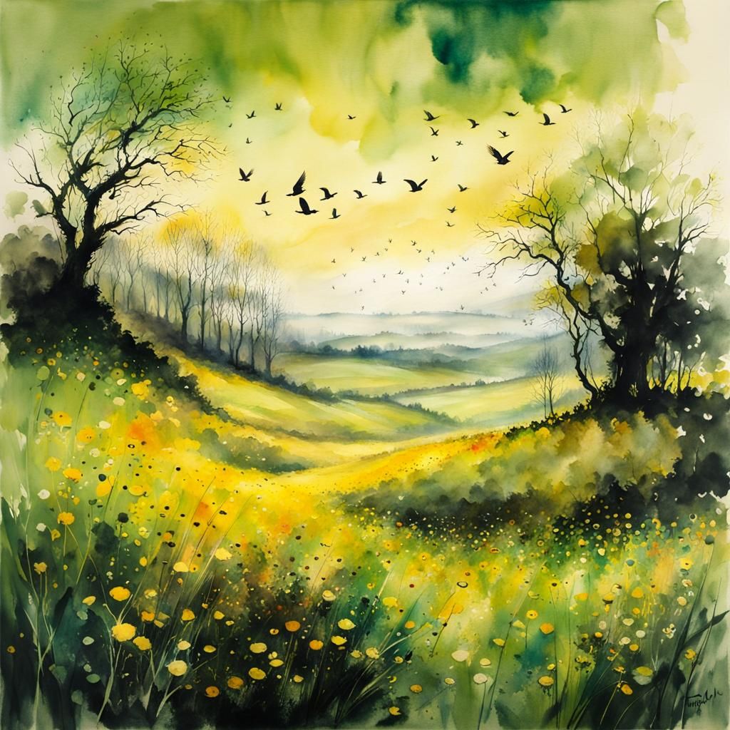 Serene Spring Meadow Landscape in Watercolor