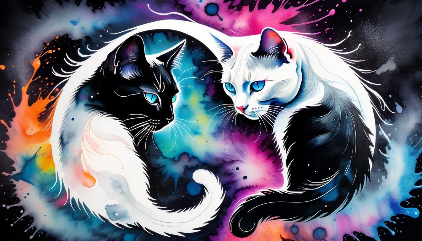 Yin Yang Cats in Liquid Watercolor Style