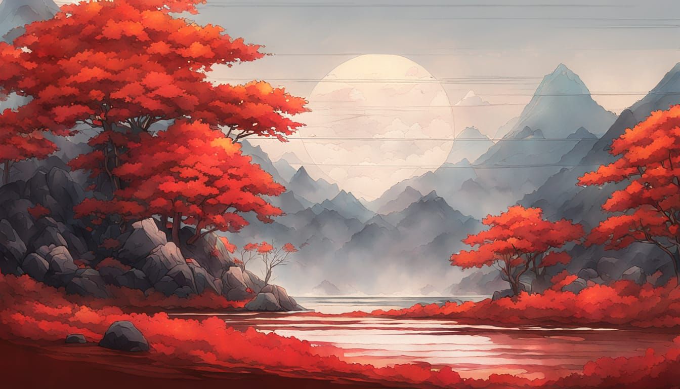 Zen Garden with Red Maple in Japanese Art Style