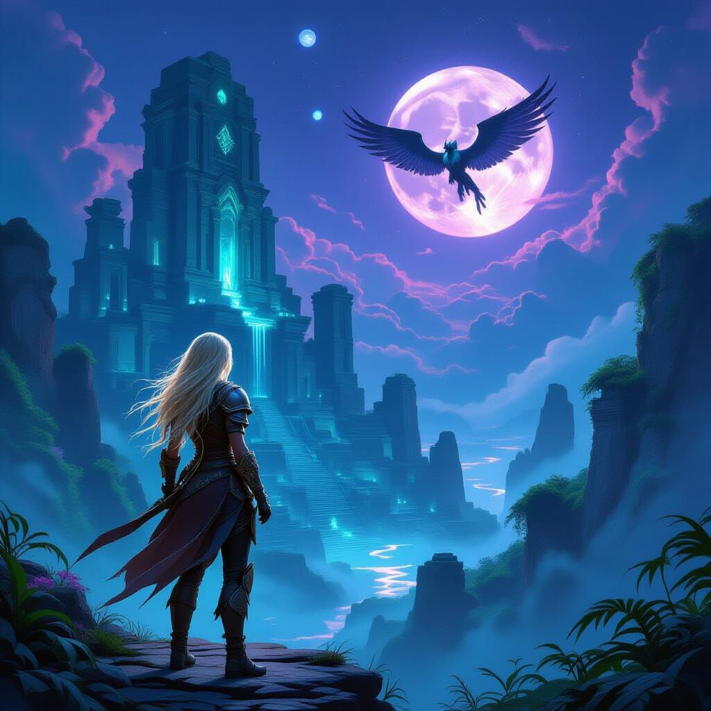 Adventurer Atop Ancient Ruins Under Twin Moons