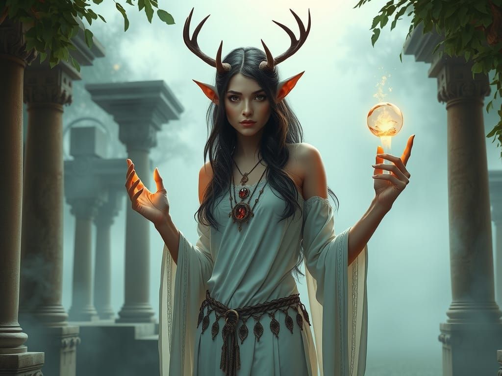 Mystical Elven Priestess in Dreamlike Temple