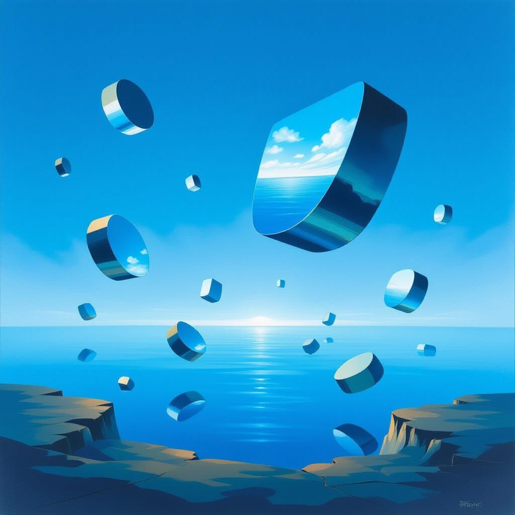 Surreal Dreamscape of Floating Objects in Azure Sky