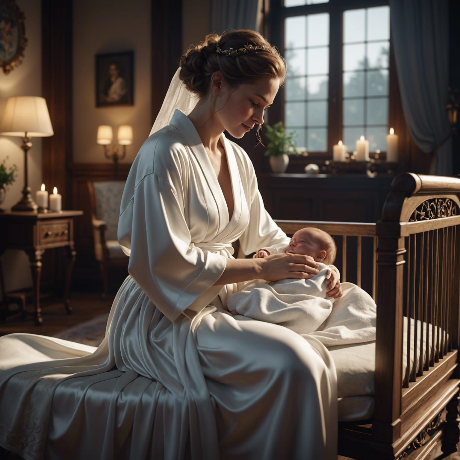 Young Mother and Baby Cradle in Cinematic 3D