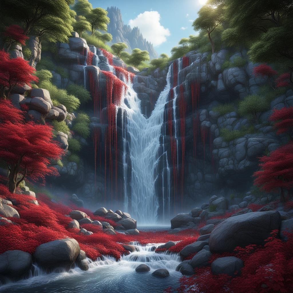 Heart-Shaped Waterfall in Detailed Fantasy Art