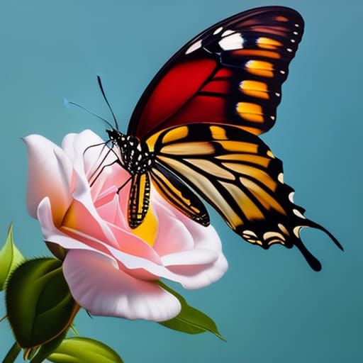 Butterfly on Rose: Photorealistic Oil Painting in 8K