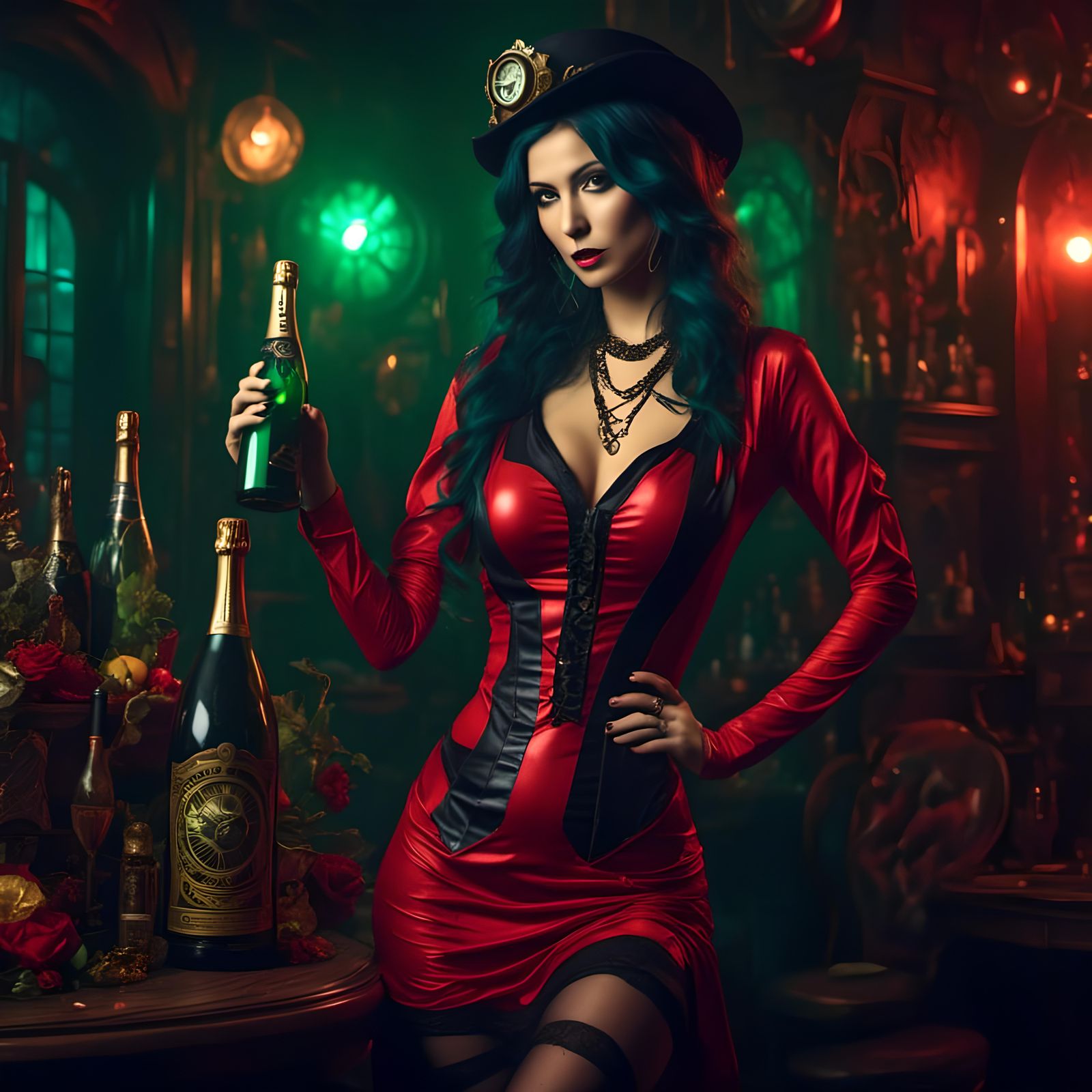 Woman Celebrates with Champagne in Retro Synthwave Style