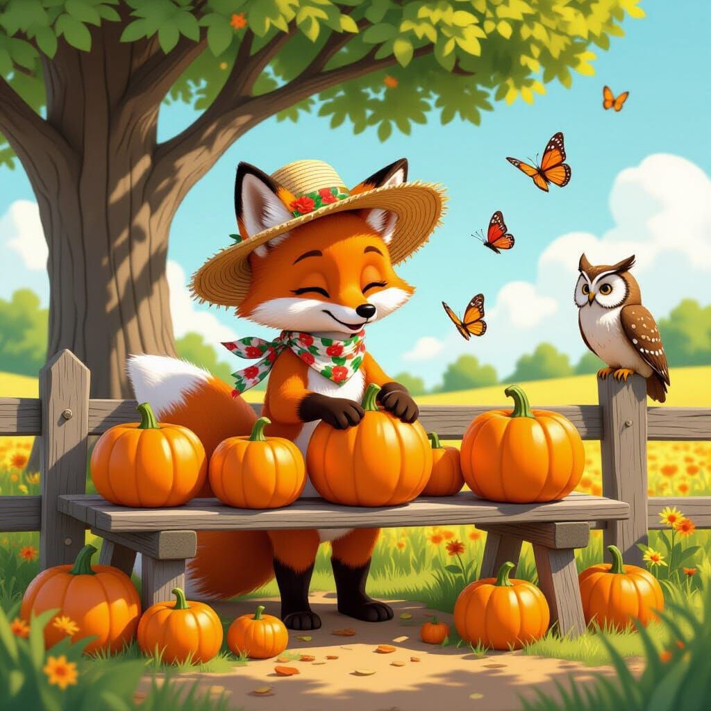 Fox Arranging Pumpkins: Vibrant Digital Illustration