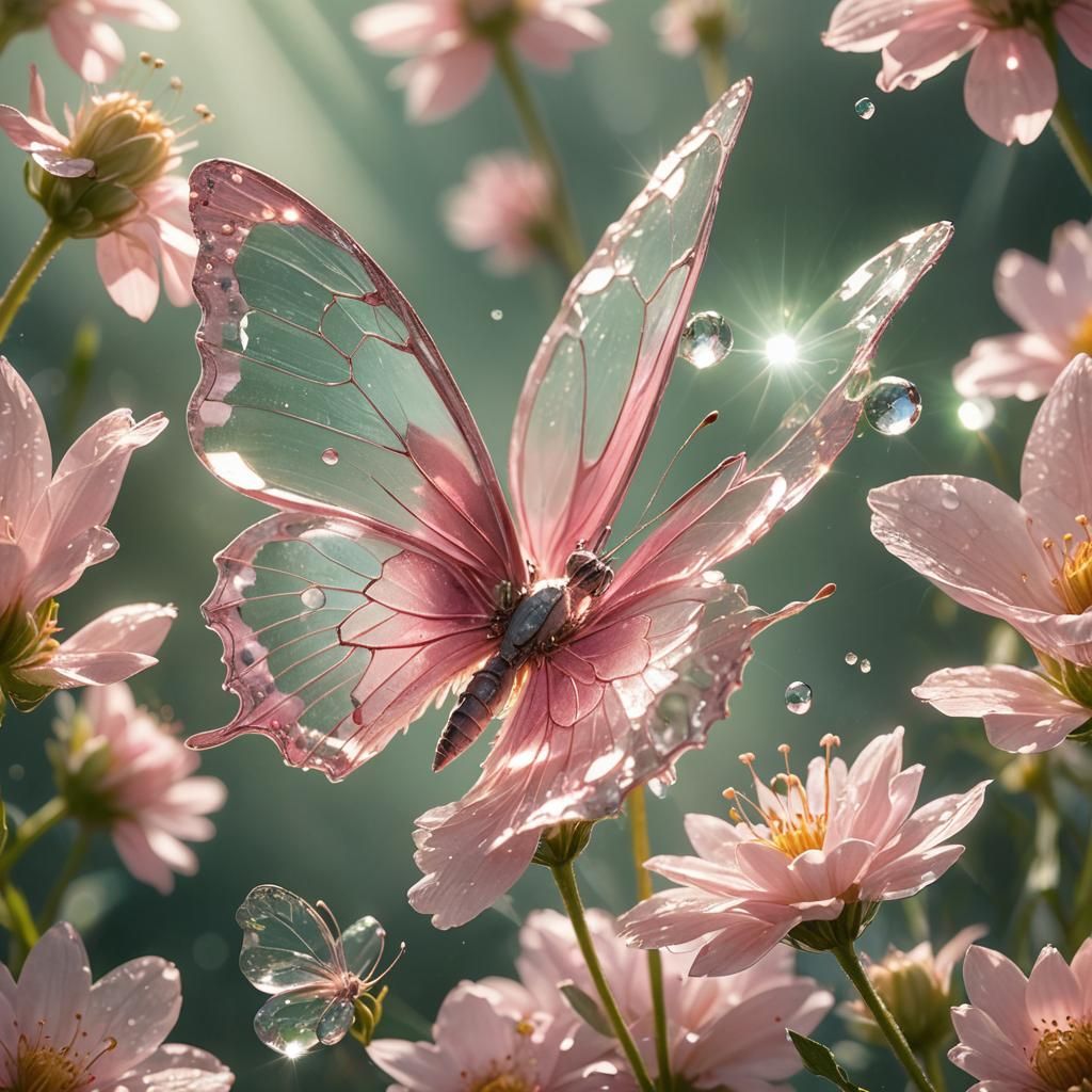 Crystal Butterfly on Flower in Art Nouveau Style