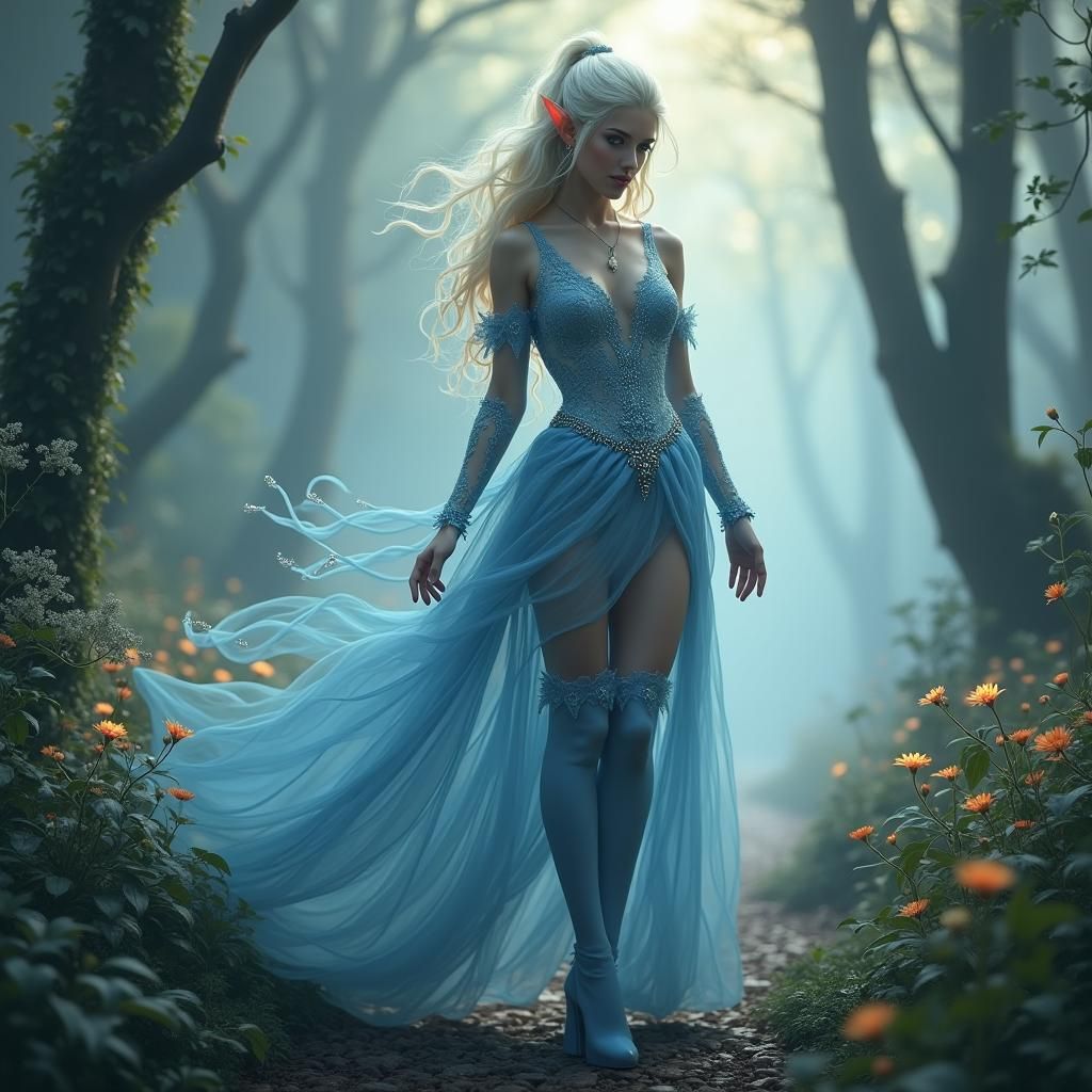 Enchanting Elf in Misty Forest, Matte Painting