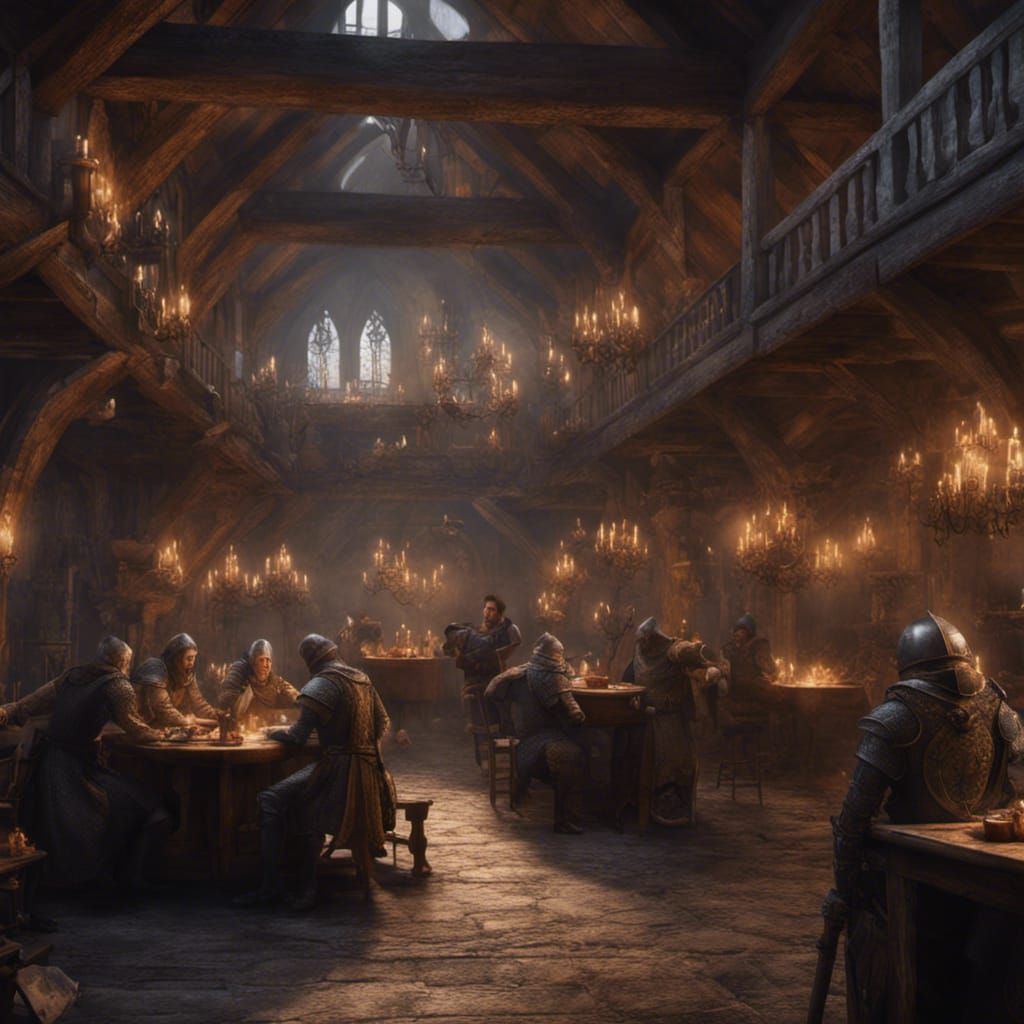 Medieval Knights Gather in an Inn: 4K Digital Painting