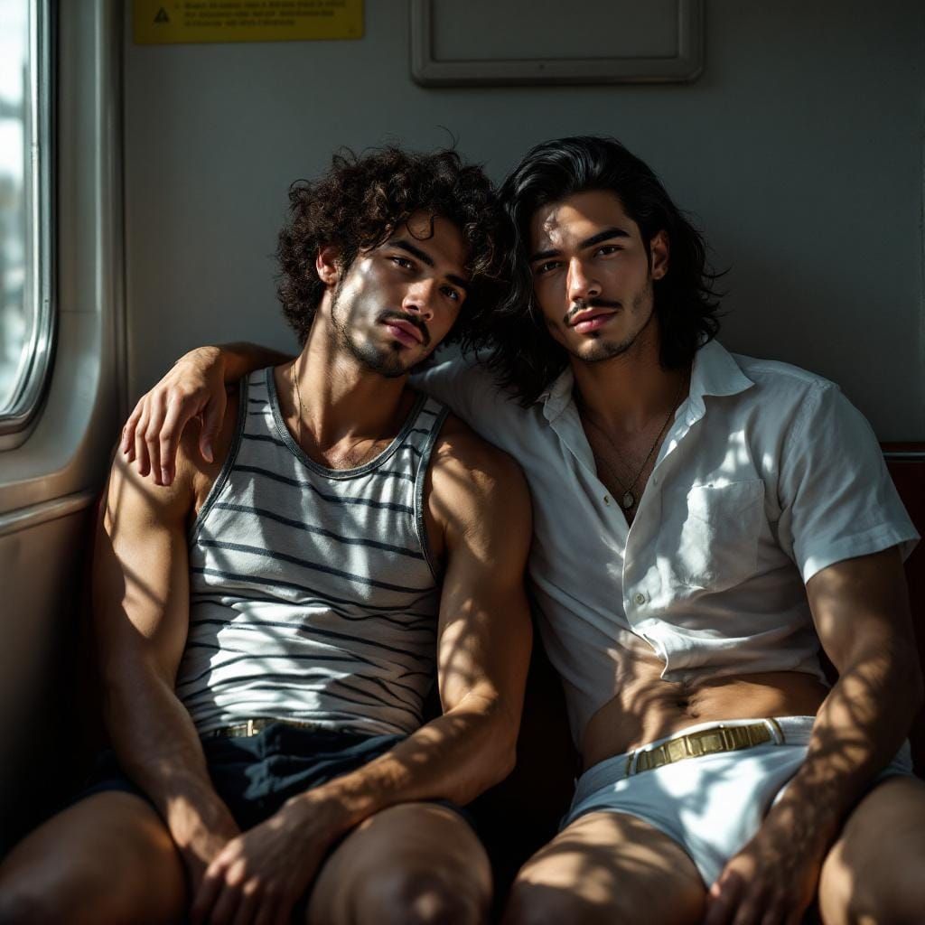 Two Handsome Men on Subway in Photorealistic Style