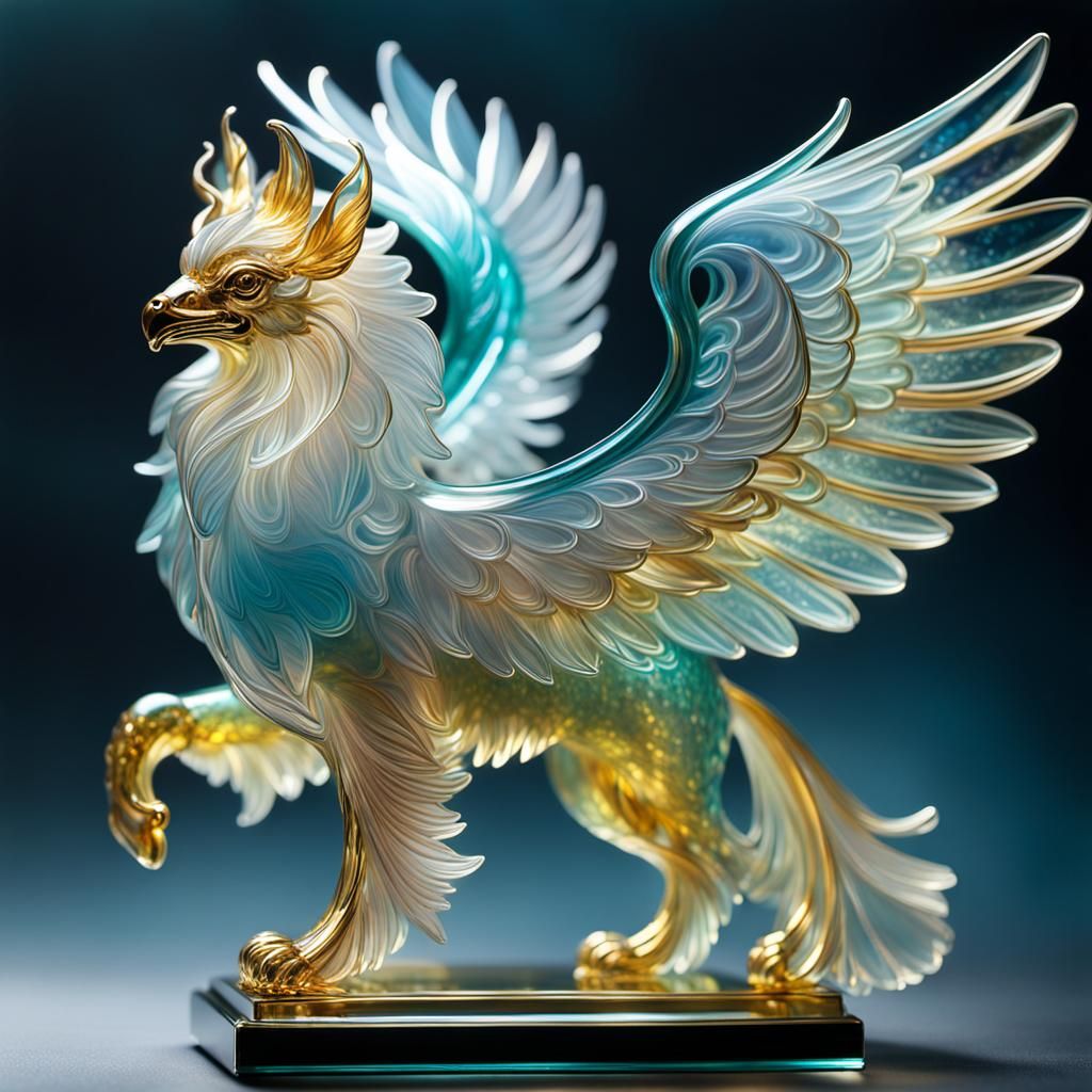 Glowing Glass Griffin Sculpture in Iridescent Colors