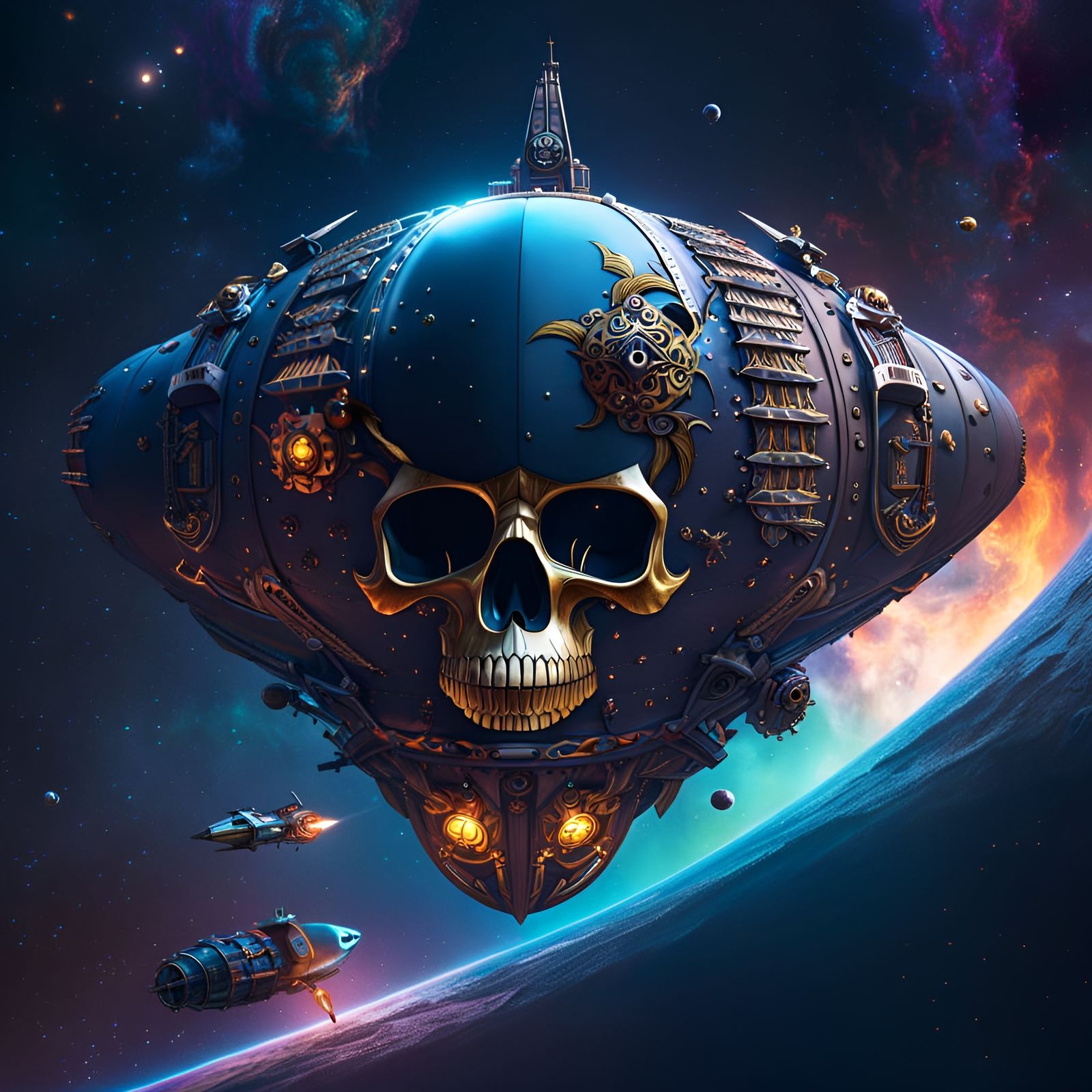 Pirate Spaceship with Skull in Space