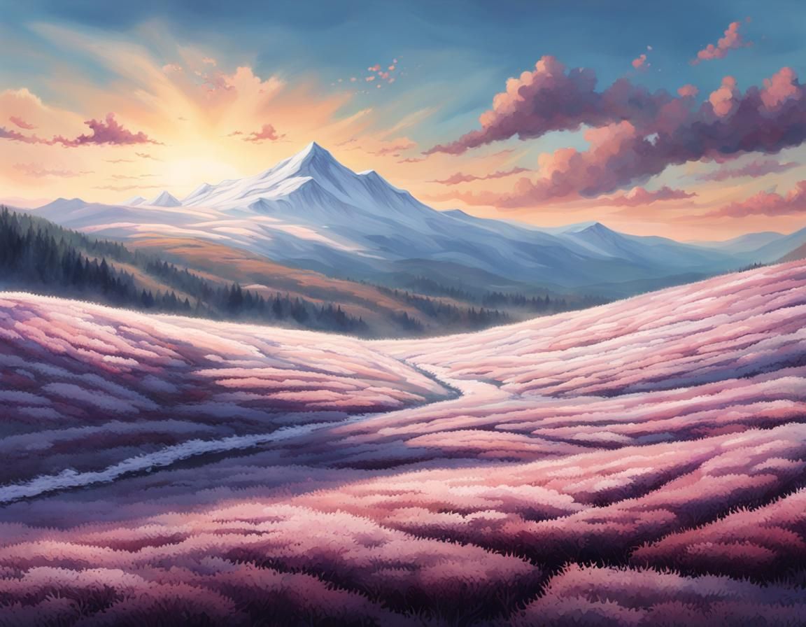 Hyperrealistic Cloud Shadow Over Frosty Heather Field