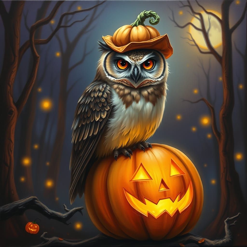 Wise Owl on Glowing Jack-o'-Lantern in Mystical Forest