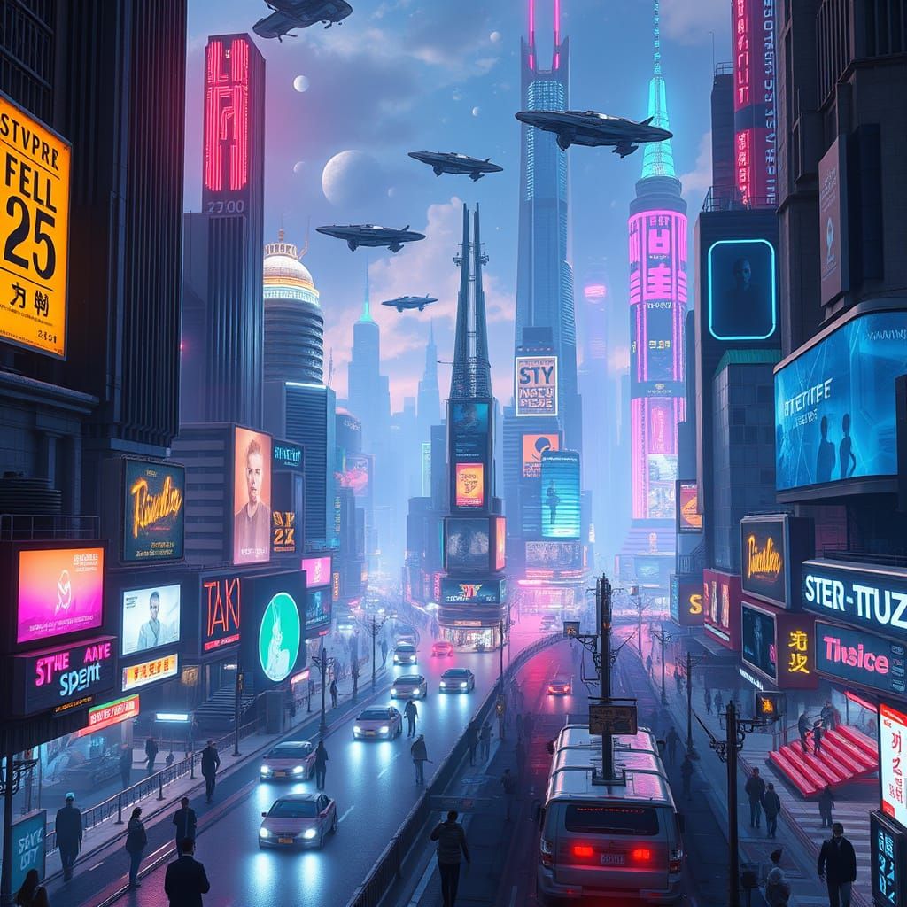 Futuristic Cityscape in Neon-Lit Style, Inspired by Syd Mead