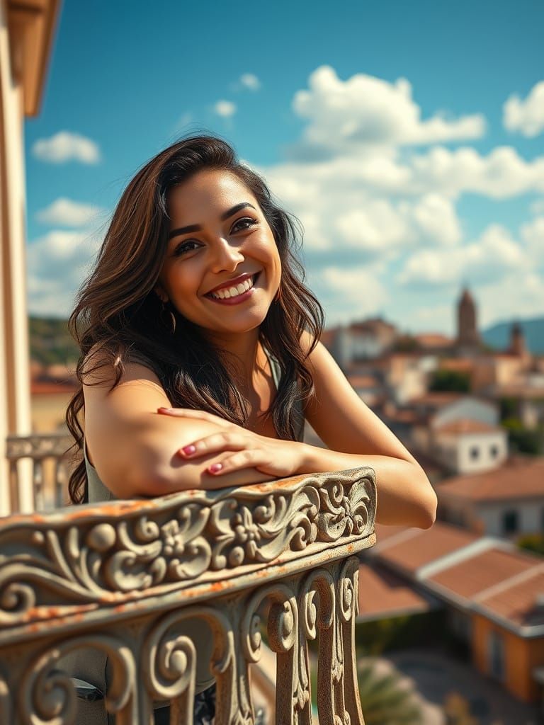 Photographic Portrait of a Smiling Latina Woman on Ornate Ba...