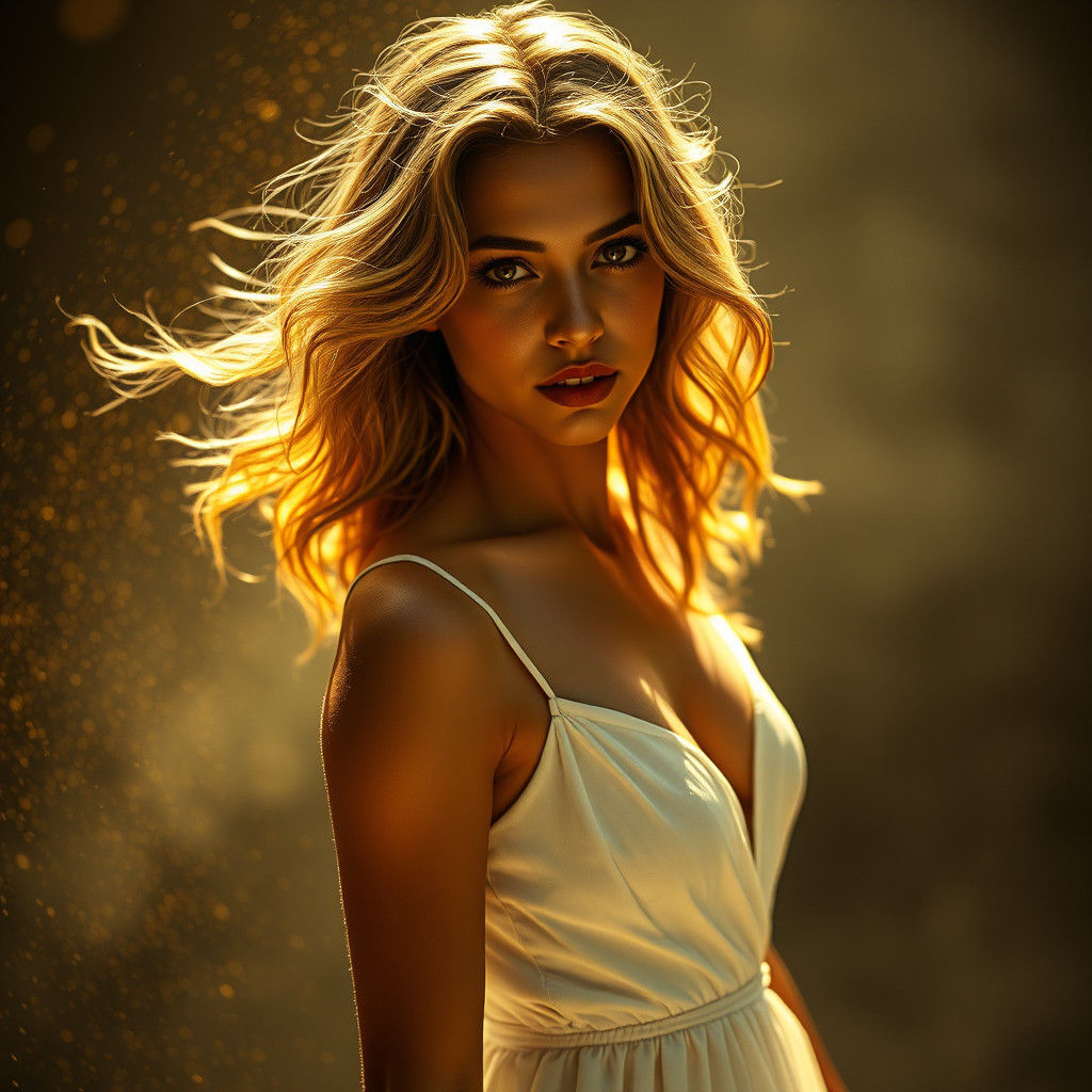Golden Woman in White Dress with Swirling Dust