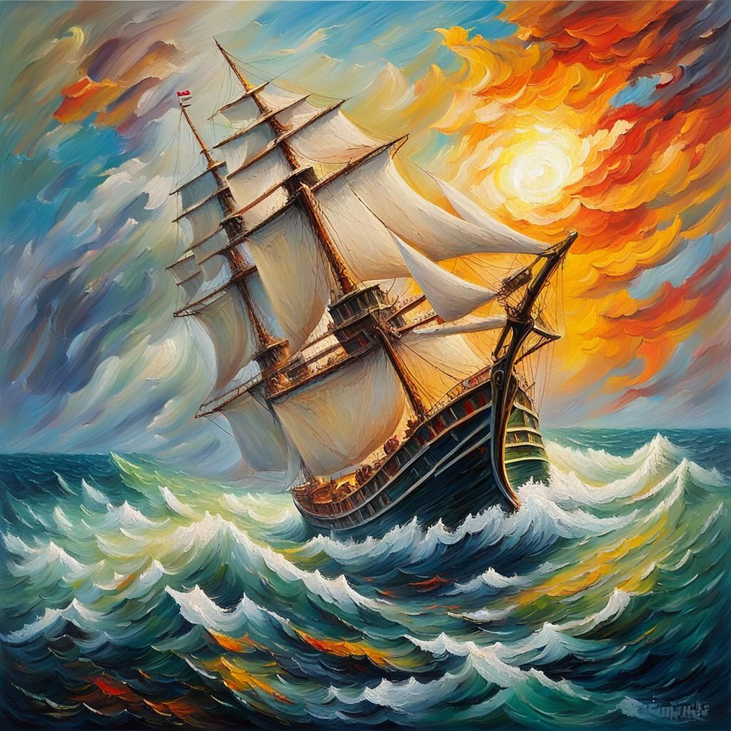 Seventeenth Century Ship in Expressionist Oil Painting