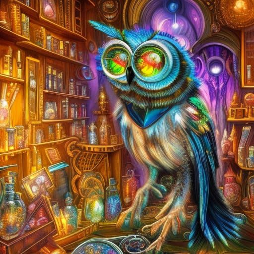 Crystal Cyberpunk Owl in Mystical Shop