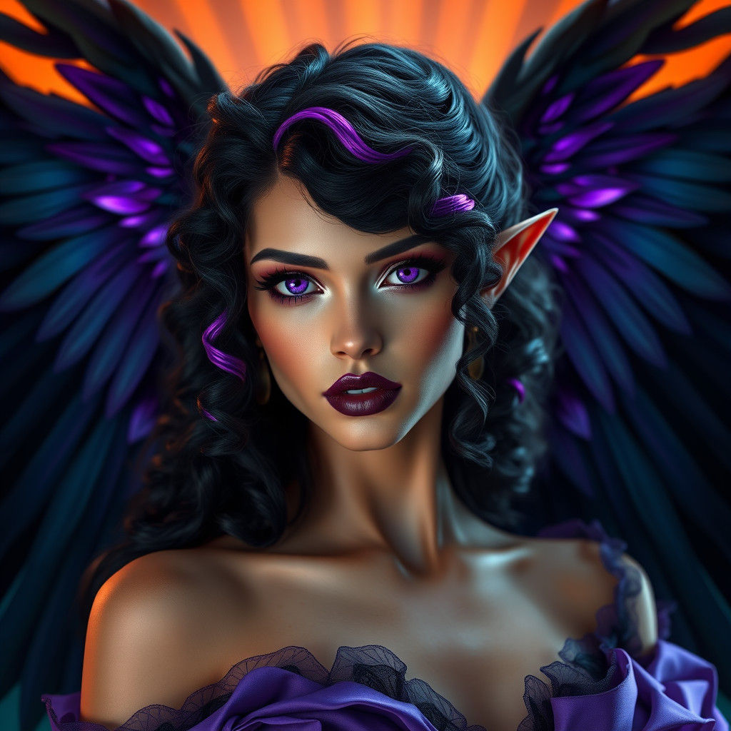 Ethereal Woman with Raven Wings in Fantasy Style