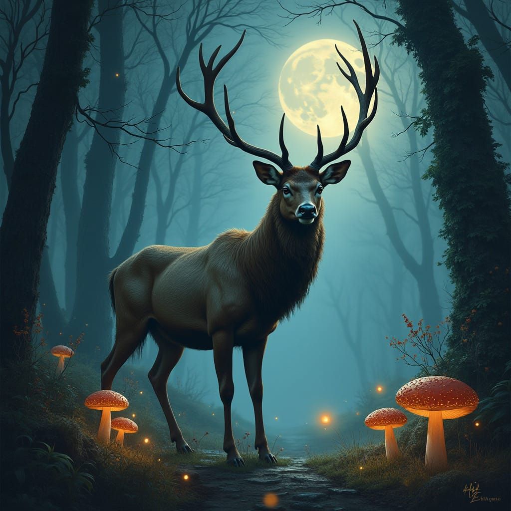 Majestic Stag in a Moonlit Forest Dreamscape