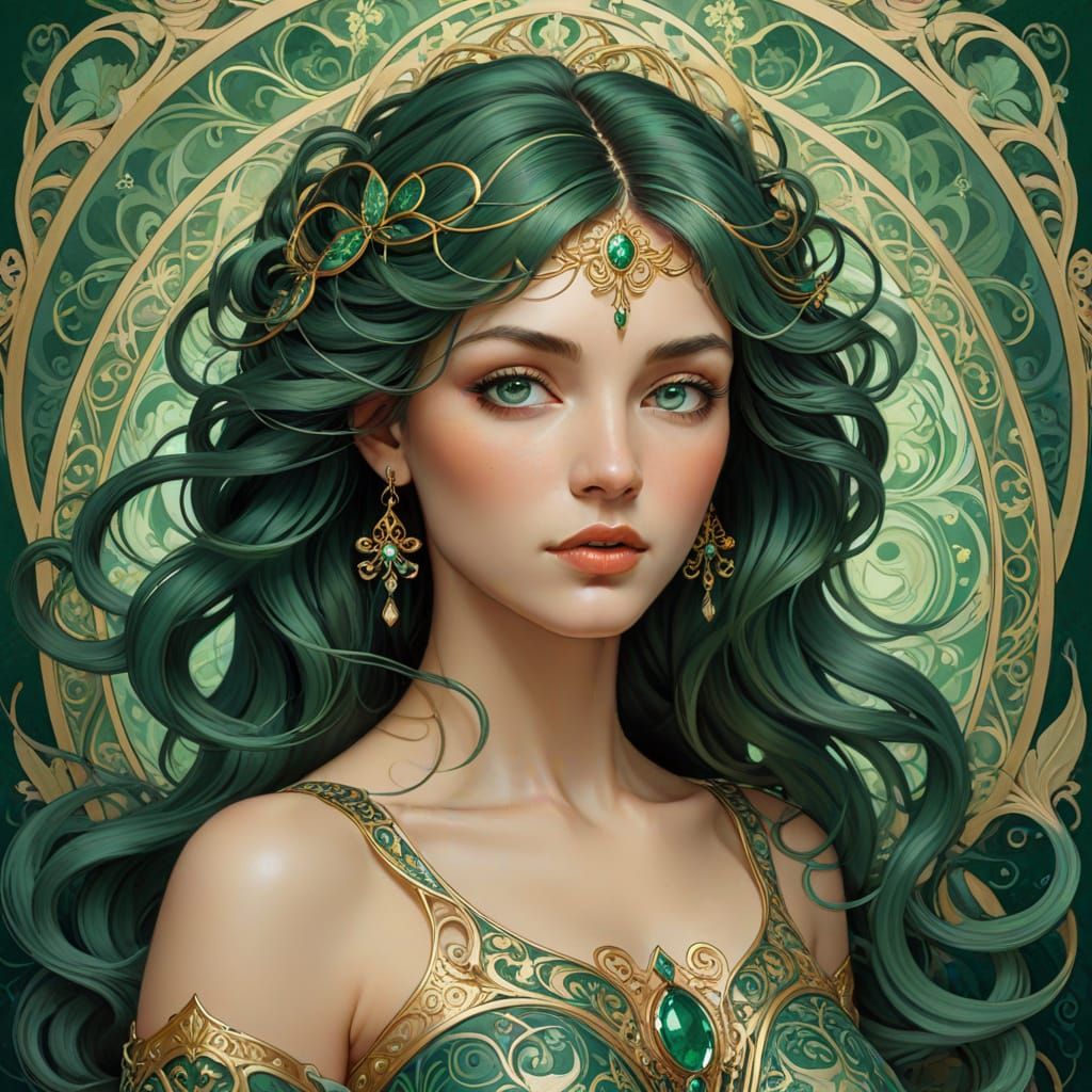 Elegant Art Nouveau Portrait with Emerald and Jade Swirls