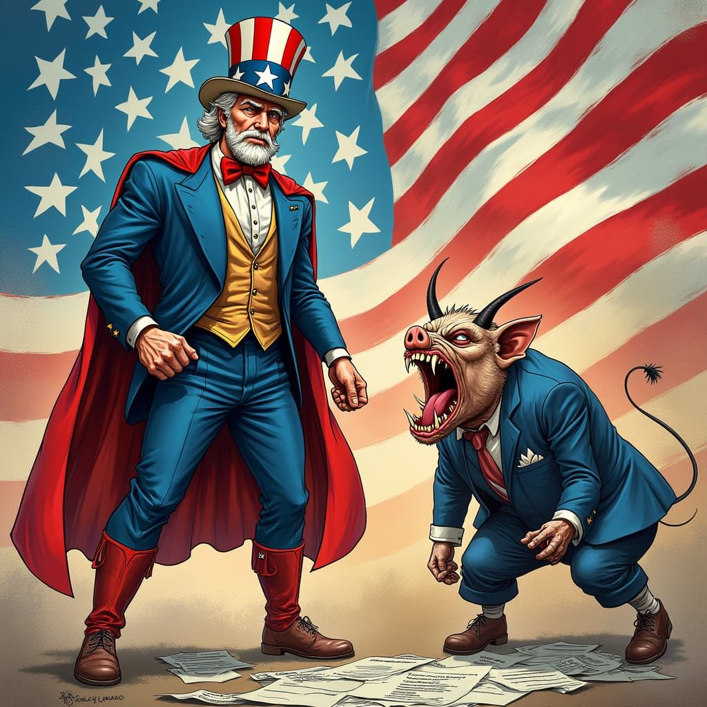 Uncle Sam vs Demonic IRS in Comic Book Style