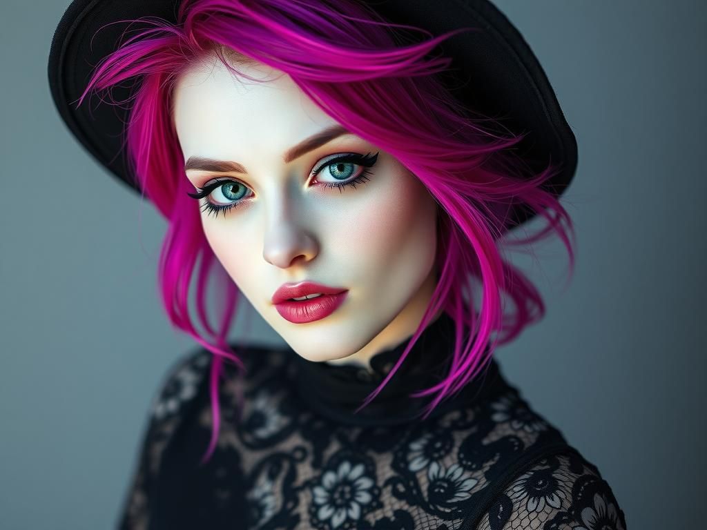 Fantasy Woman with Plum Hair and Lace Dress