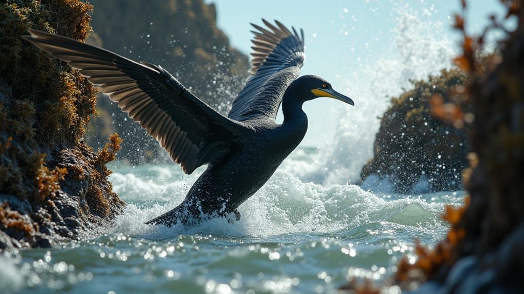 Photorealistic Portrait of an Atlantic Cormorant in Mid-Dive