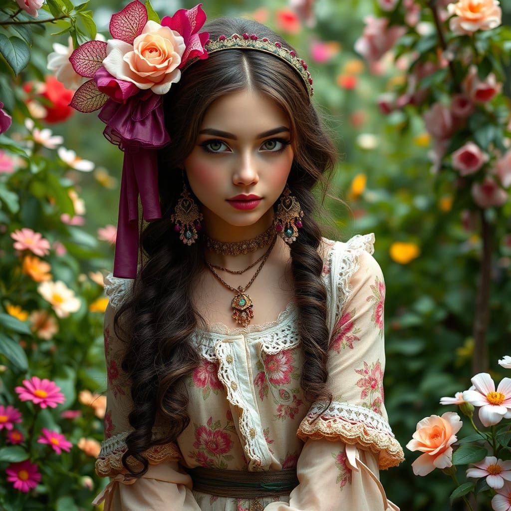 Romantic Bohemian Woman Posing in Lush Garden