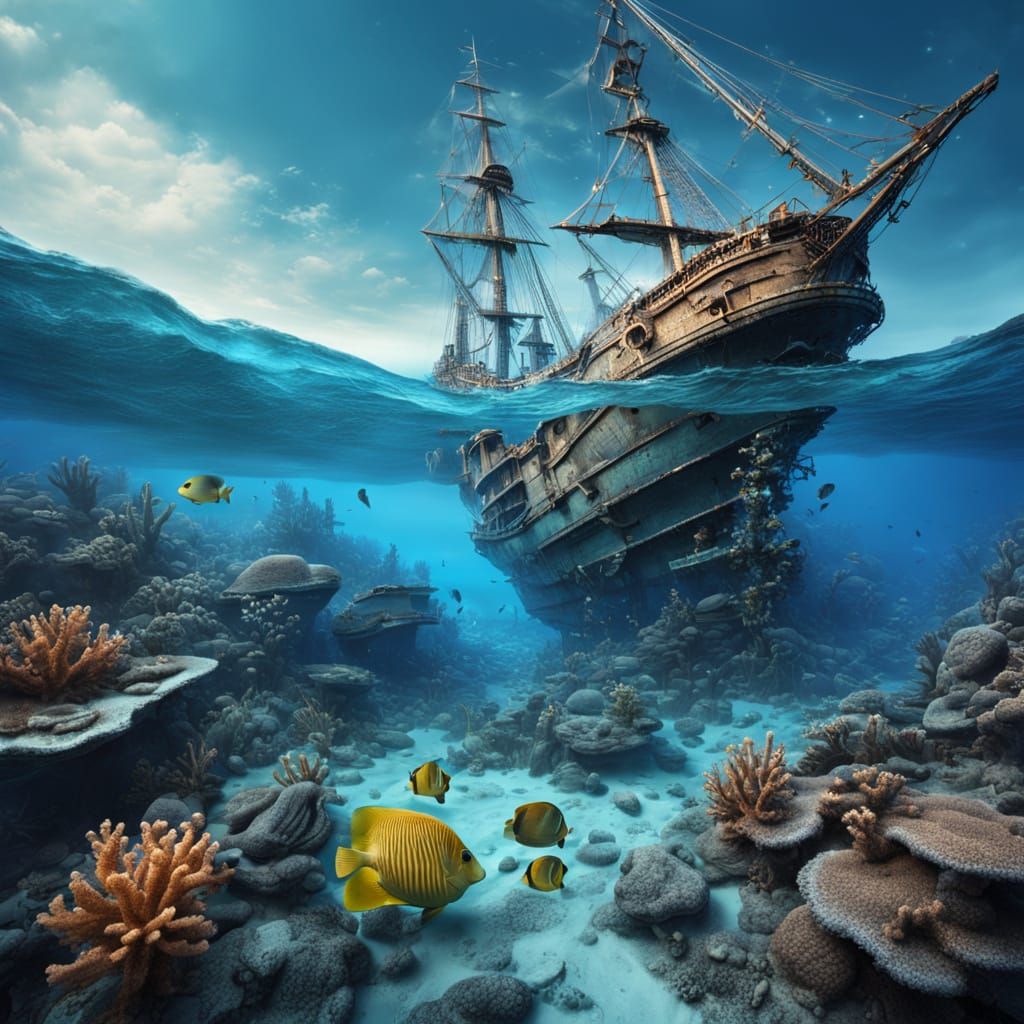 Futuristic Seascape Galleon Wreck with Soft Blue Light