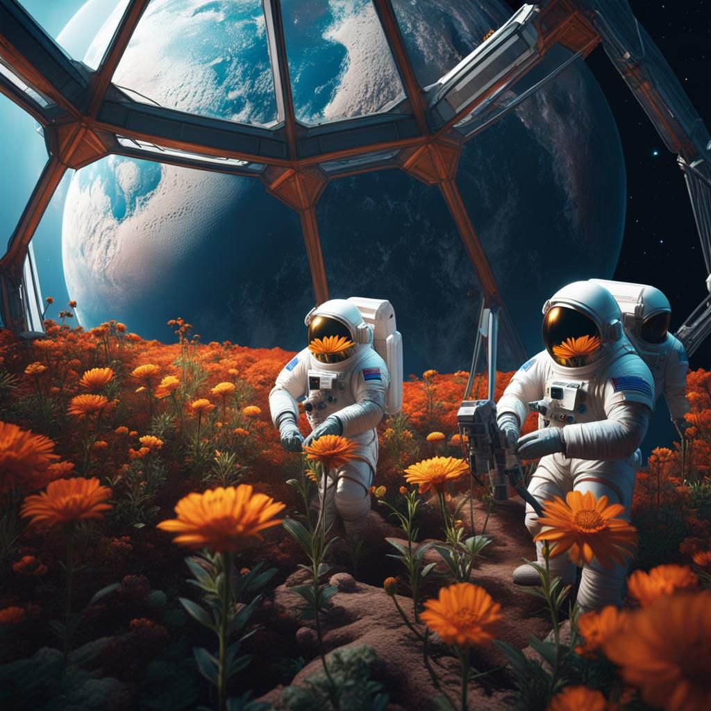 Astronaut Gardeners Tend Lunar Flowers: Matte Painting
