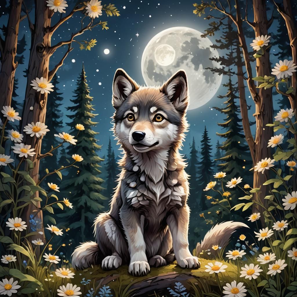 Enchanting Baby Wolf in Moonlit Forest