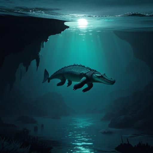 Crocodile Leaps from Bioluminescent River at Night