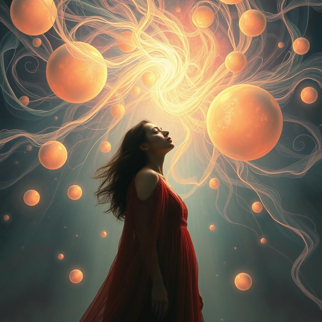 Ethereal Woman Surrounded by Swirling Light and Orbs