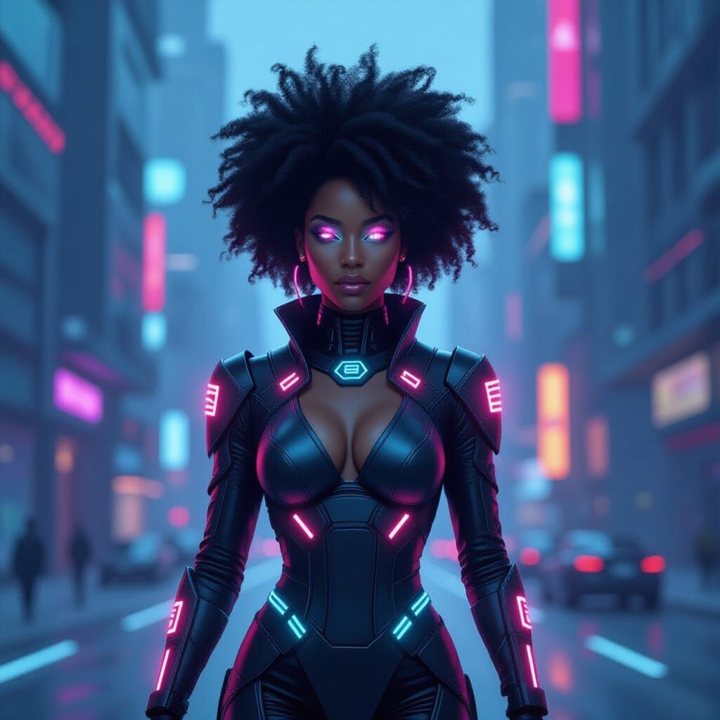 Futuristic Woman with Fiber Optic Hair in Metropolis