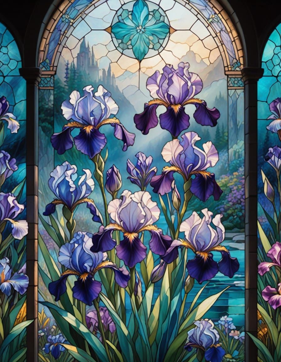 Stained Glass Iris Window in Ethereal Mist