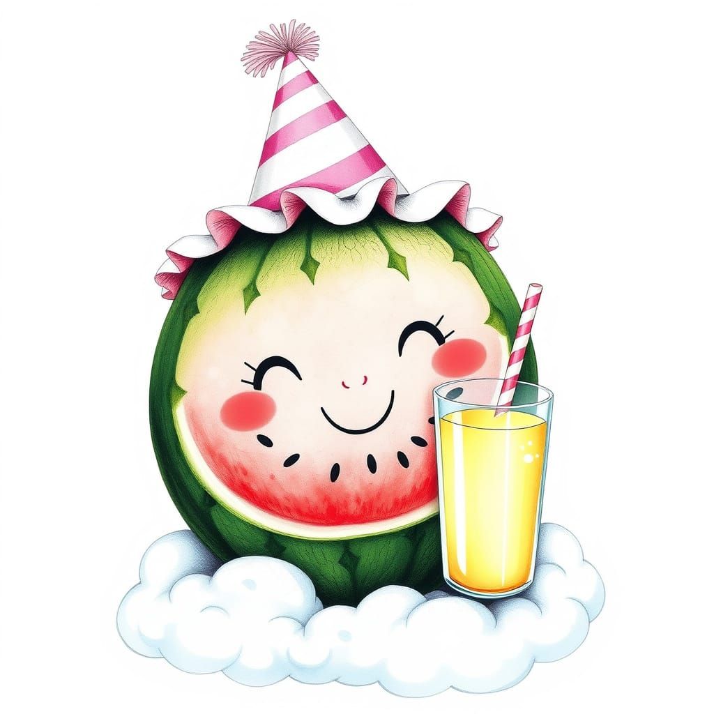 Smiling Watermelon Sipping Milkshake, Charcoal Drawing