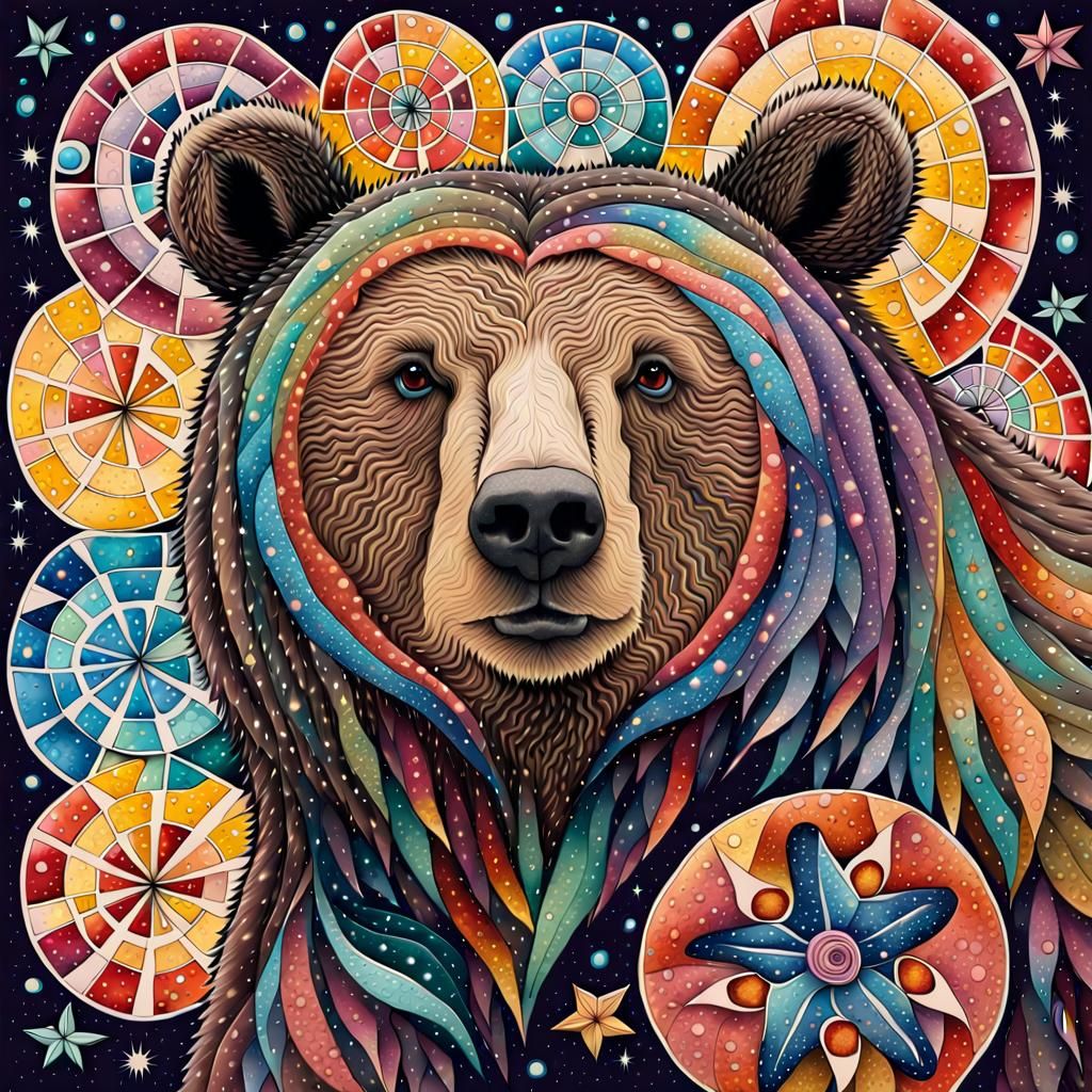 Cosmic Bear Portrait in Whimsical Folk Art Style