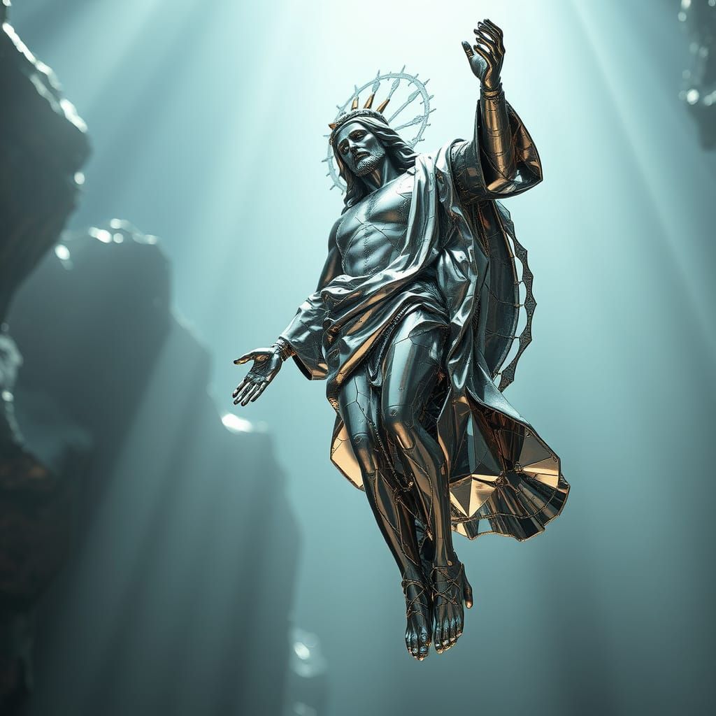 Jesus Ascending in Futuristic Glass and Metal Sculpture