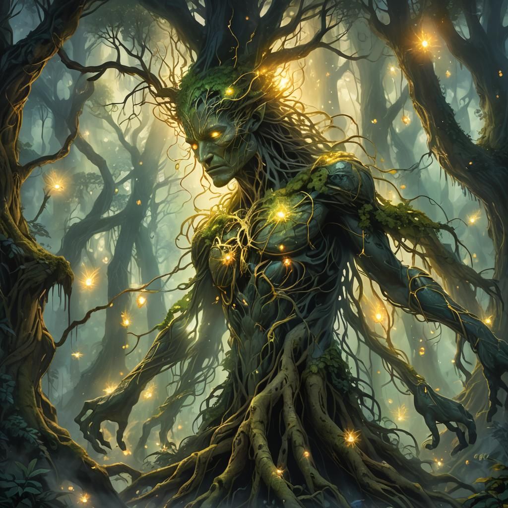 Earth Elementals Rising from Misty Forest