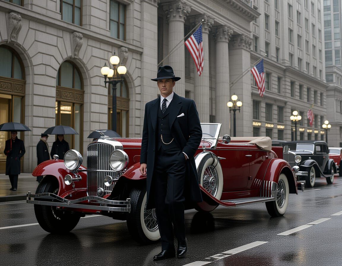 Man in Armani Suit with 1937 Duesenberg Convertible