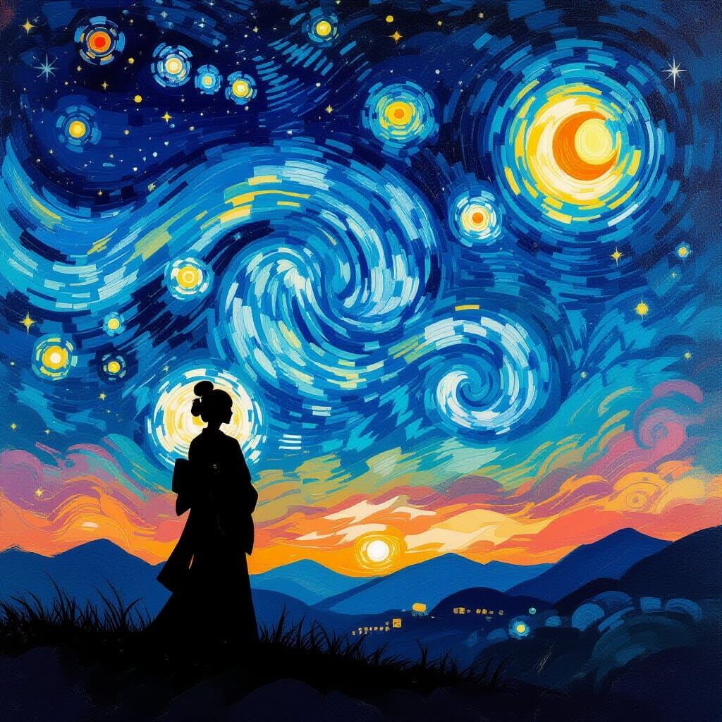Silhouette Gazing at Starry Sky in Folk Art Style