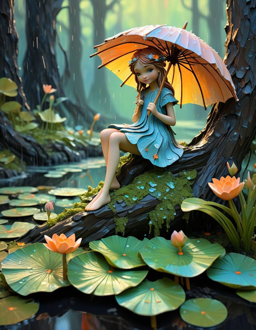 Fairy Thumbelina in Impasto Sunset Scene