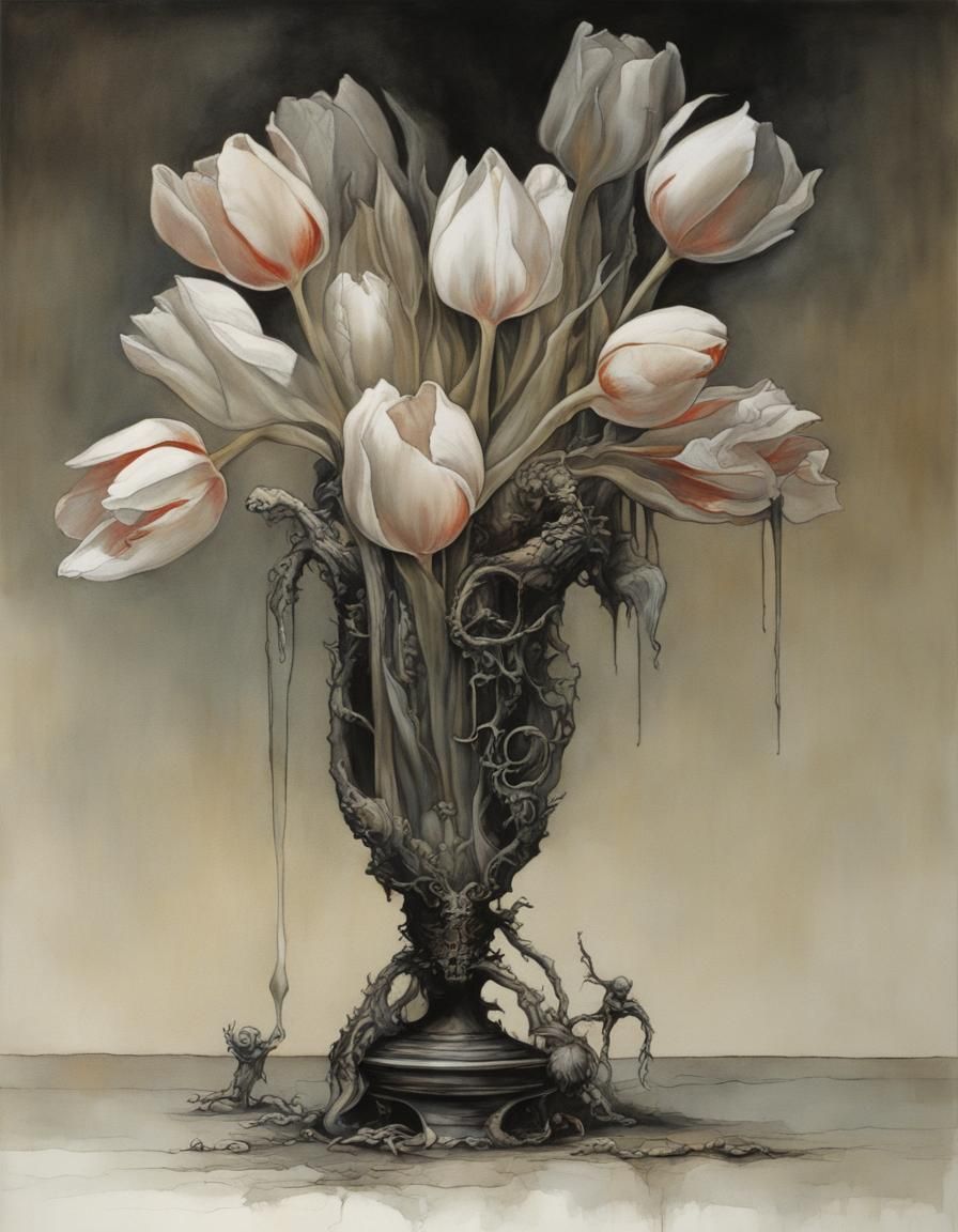 A still life study of a rare pewter and glass Eldritch vase containing tulips ... drained of colour ... such is the powe...