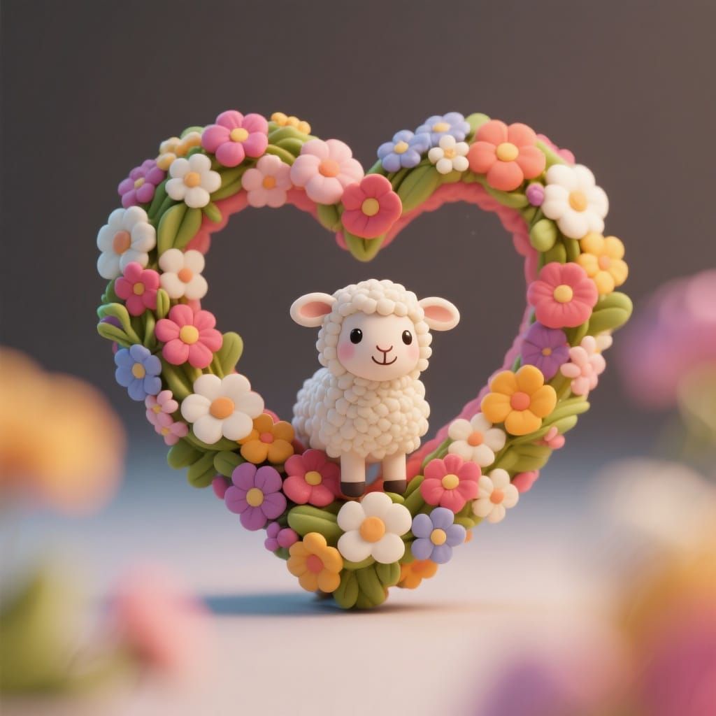 Tiny Sheep Inside Flower Heart in Claymation Style