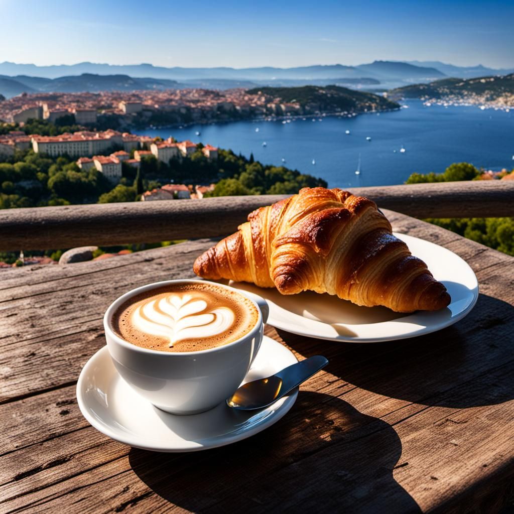 Mediterranean Breakfast with Cappuccino and Croissant
