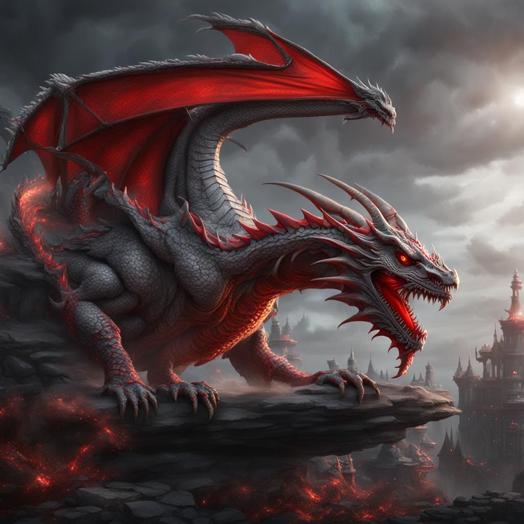 Detailed Grey and Red Steam Dragon Matte Painting