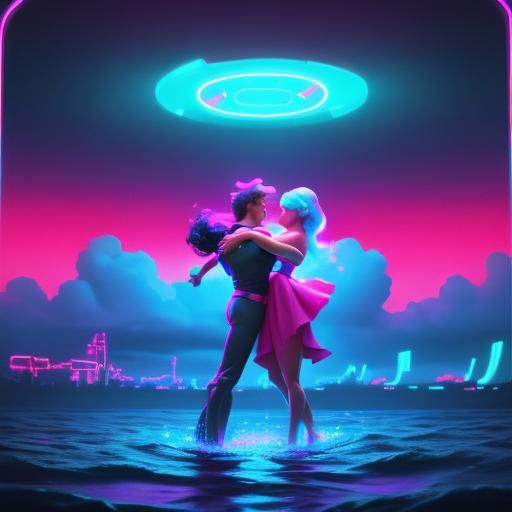 Water Girl and Fire Boy Dance in Neon Retro Style
